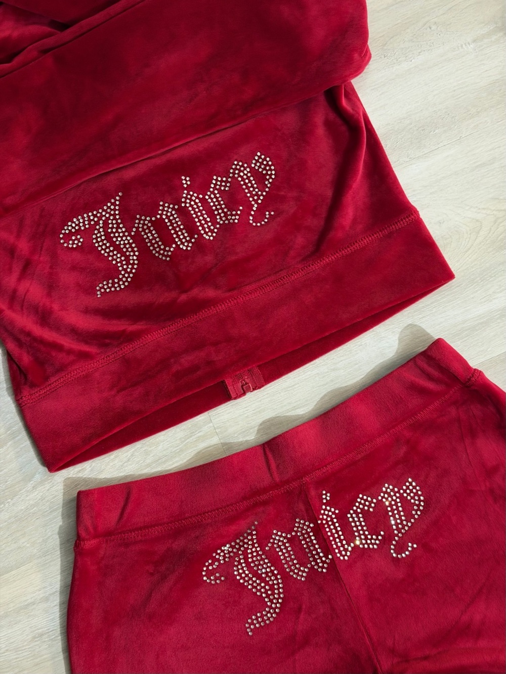 Juicy Couture Y2K Red Velour Rhinestone Logo Tracksuit Zip-Up & Pants Set